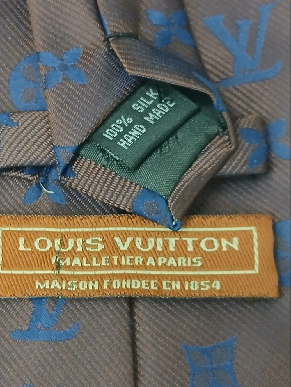 Vintage Louis Vuitton Brown Tie with Blue Monogram Geometric Design (1169)